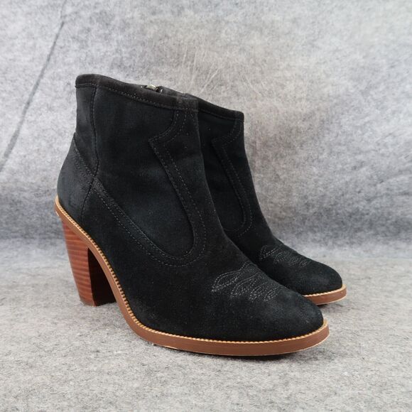 Hinge Shoes Womens 7.5 Booties Western Leather Black Stack Heel Embroidered Zip - Picture 1 of 14